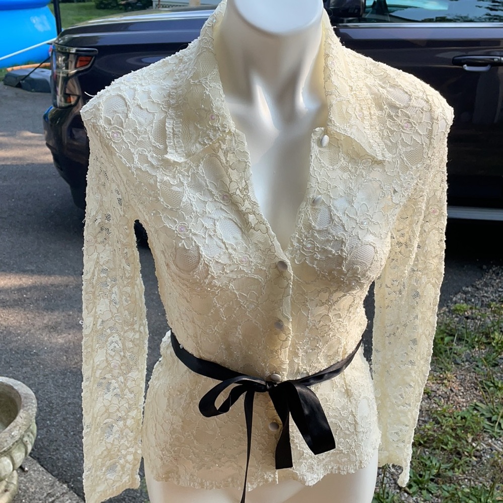 J S Boutique Lace satin button down ivory color . 2Petite